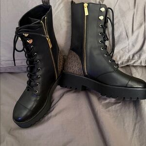 Michael Kors Black Leather Combat Boots with Brown Monogram Heel and Gold Zipper